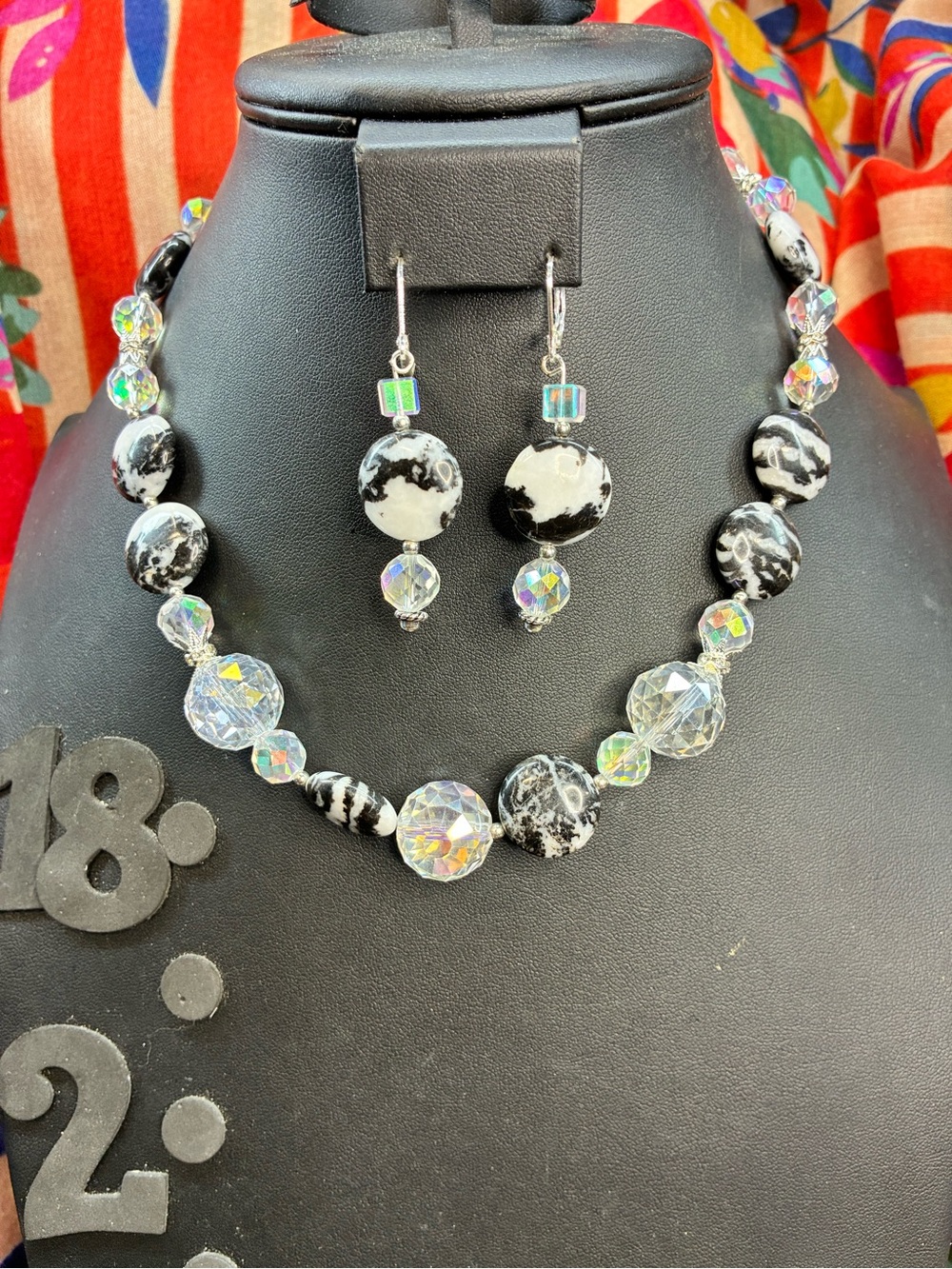 Black and White Beaded Necklace & Earring Set - Statement Women Jewelry